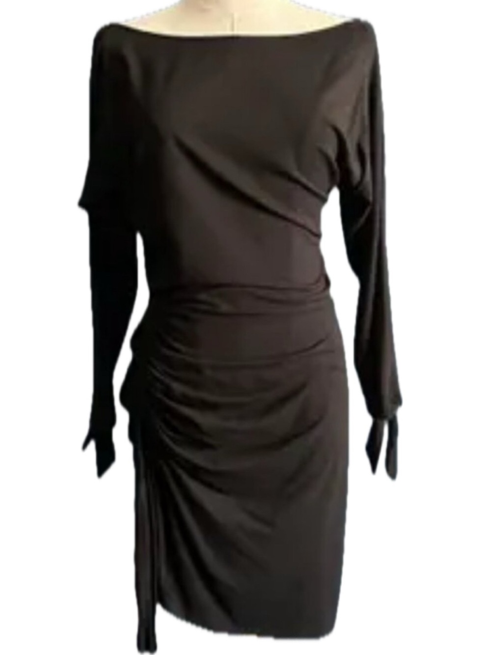 CACHE VTG. Midi Dress Long-Sleeve Asymmetrical Ruched Side-Tie Draped Brown M